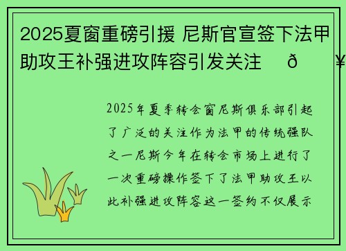2025夏窗重磅引援 尼斯官宣签下法甲助攻王补强进攻阵容引发关注 ⚽🔥