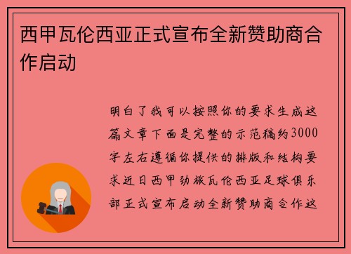 西甲瓦伦西亚正式宣布全新赞助商合作启动