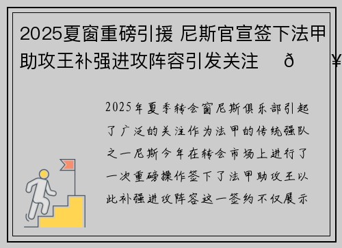 2025夏窗重磅引援 尼斯官宣签下法甲助攻王补强进攻阵容引发关注 ⚽🔥